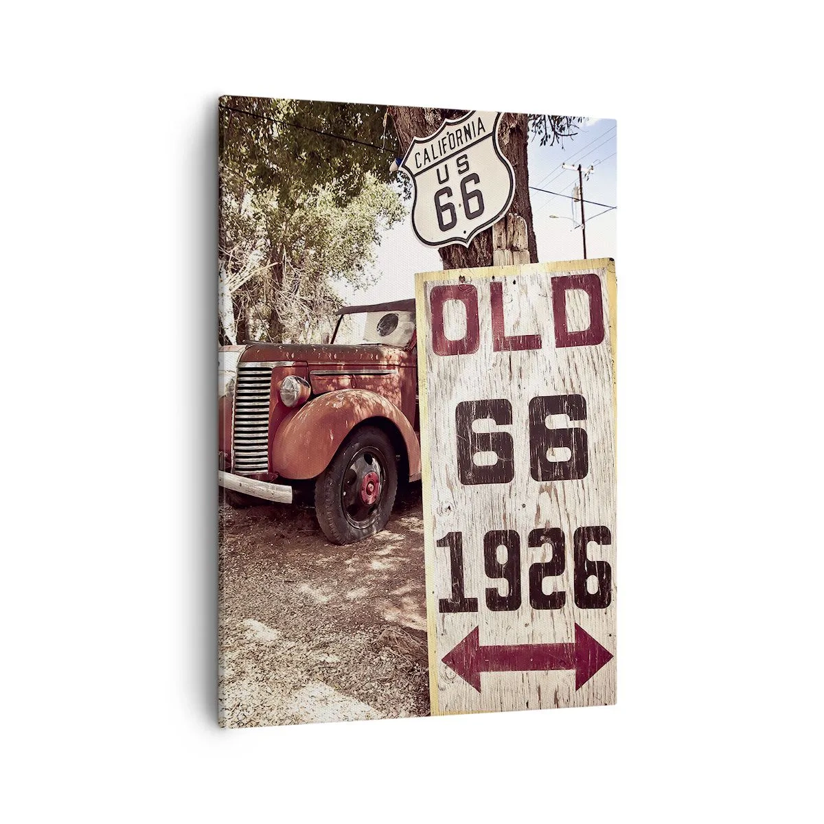 Quadro su tela - Stampe su Tela - Auto retrò e cartello della Route 66 in un ambiente rustico - 50x70cm - La leggenda della provincia americana - Decorazione murale moderna per soggiorno e camera da letto ARTTOR