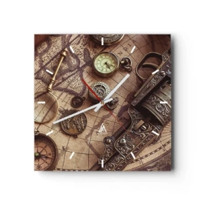 Orologio da parete - Orologio in Vetro - Oggetti antichi su una vecchia mappa in stile retrò - 30x30cm - La natura chiama - Decorazione murale moderna per soggiorno e camera da letto ARTTOR