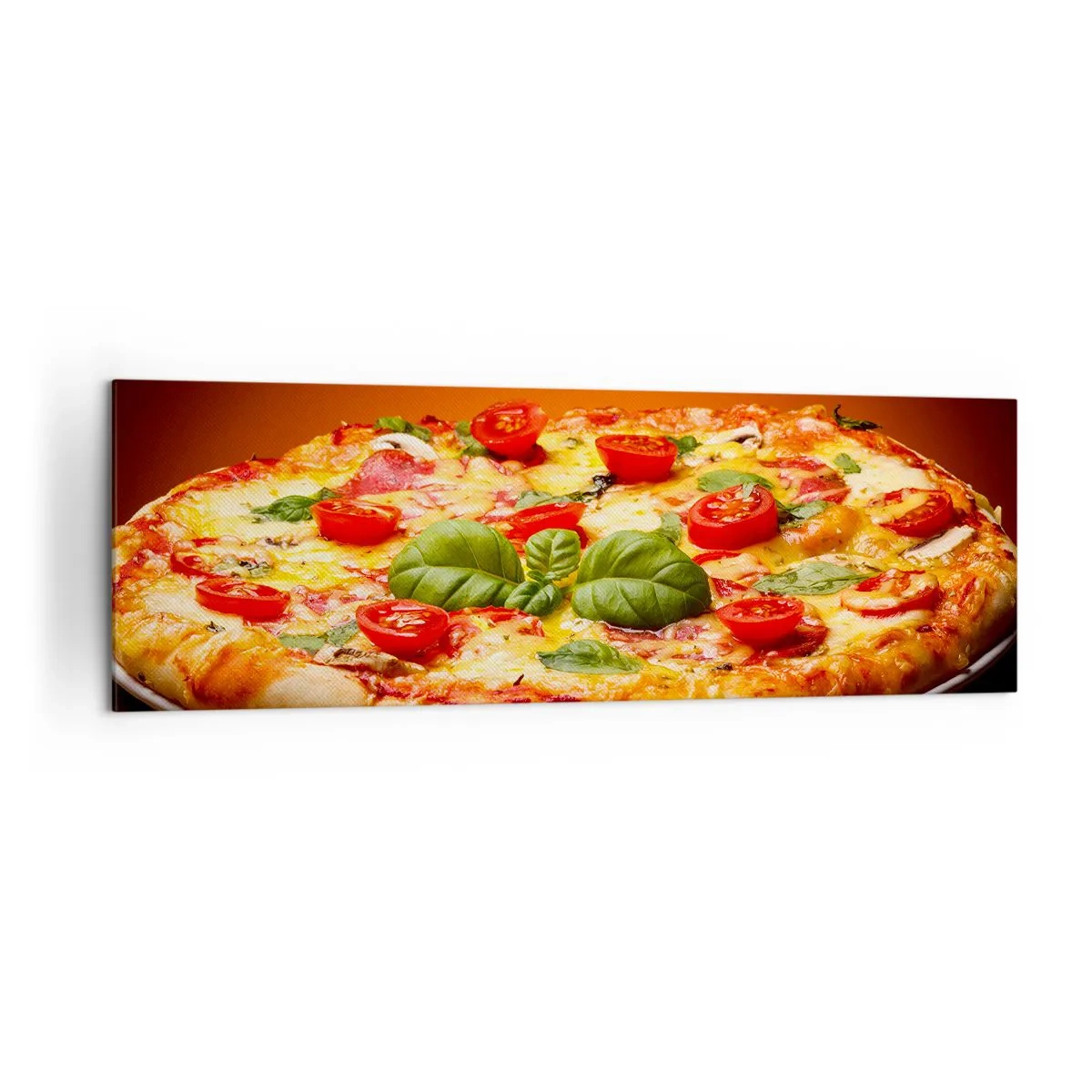 Quadro su tela - Stampe su Tela - Pizza con pomodori e basilico su un tavolo di legno - 160x50cm - Mamma mia! - Decorazione murale moderna per soggiorno e camera da letto ARTTOR