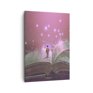 Quadro su tela - Stampe su Tela - Una figura cammina su un libro aperto in una luce magica. - 50x70cm - Invito ad un altro mondo: leggi! - Decorazione murale moderna per soggiorno e camera da letto ARTTOR