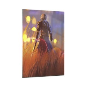 Quadro su vetro - La figura di un cavaliere alla luce del sole al tramonto in un campo - 80x120cm - Il cavaliere errante - Decorazione murale moderna per soggiorno e camera da letto ARTTOR