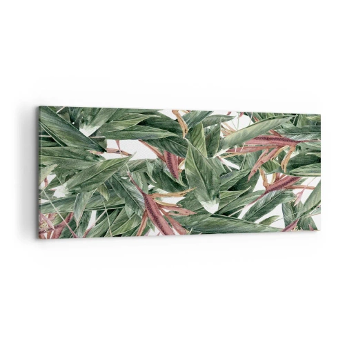 Quadro su tela - Stampe su Tela - Un motivo decorativo a foglia nei toni del verde e del bordeaux su uno sfondo chiaro - 120x50cm - Macchia smeraldo e lilla - Decorazione murale moderna per soggiorno e camera da letto ARTTOR