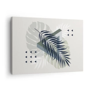 Quadro su tela - Stampe su Tela - Composizione geometrica con foglie tropicali nei toni del verde - 70x50cm - Natura e geometria: due ordini? - Decorazione murale moderna per soggiorno e camera da letto ARTTOR