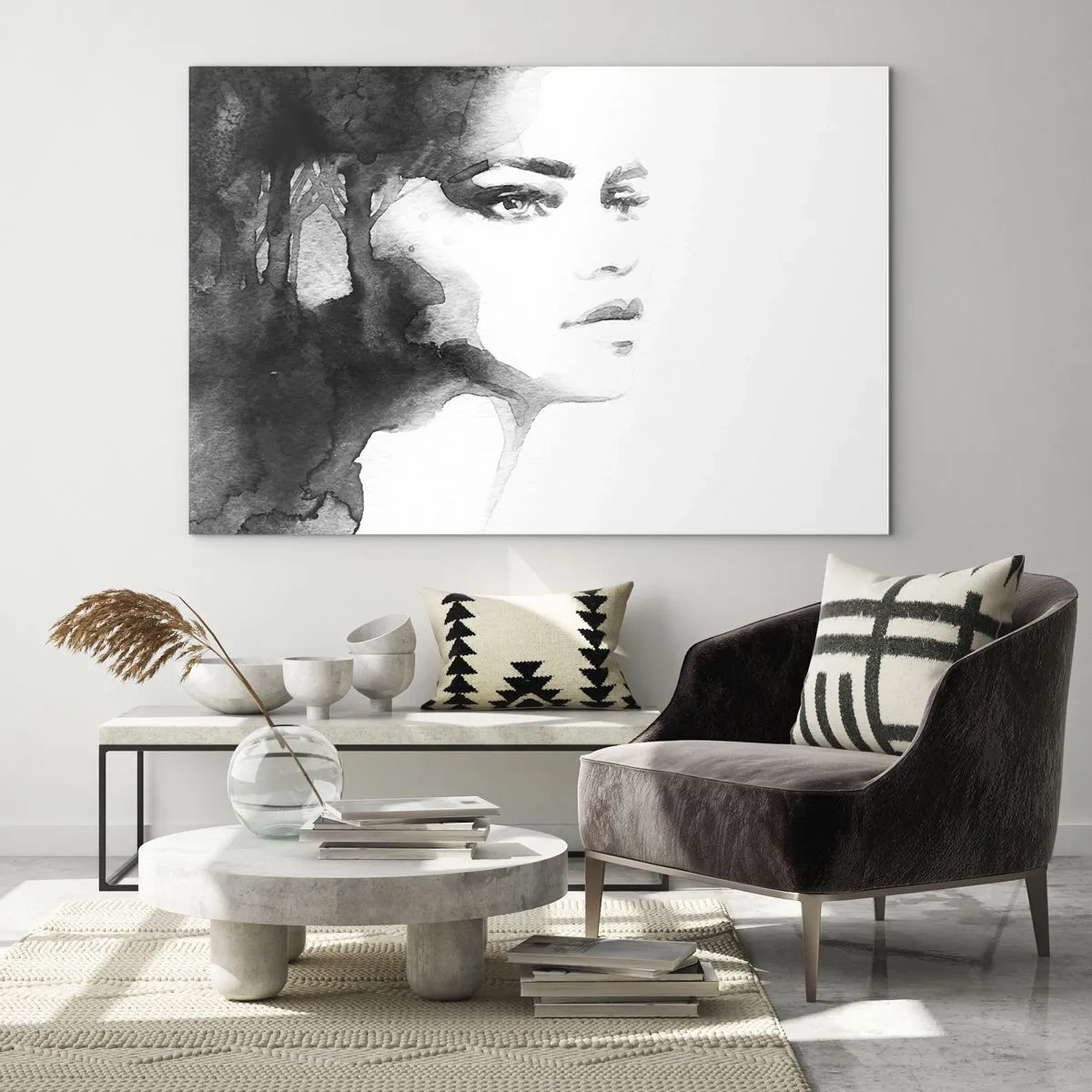 Quadro su vetro - Ritratto di donna ad acquerello in bianco e nero - 120x80cm - Fatta di mistero e di nebbia - Decorazione murale moderna per soggiorno e camera da letto ARTTOR