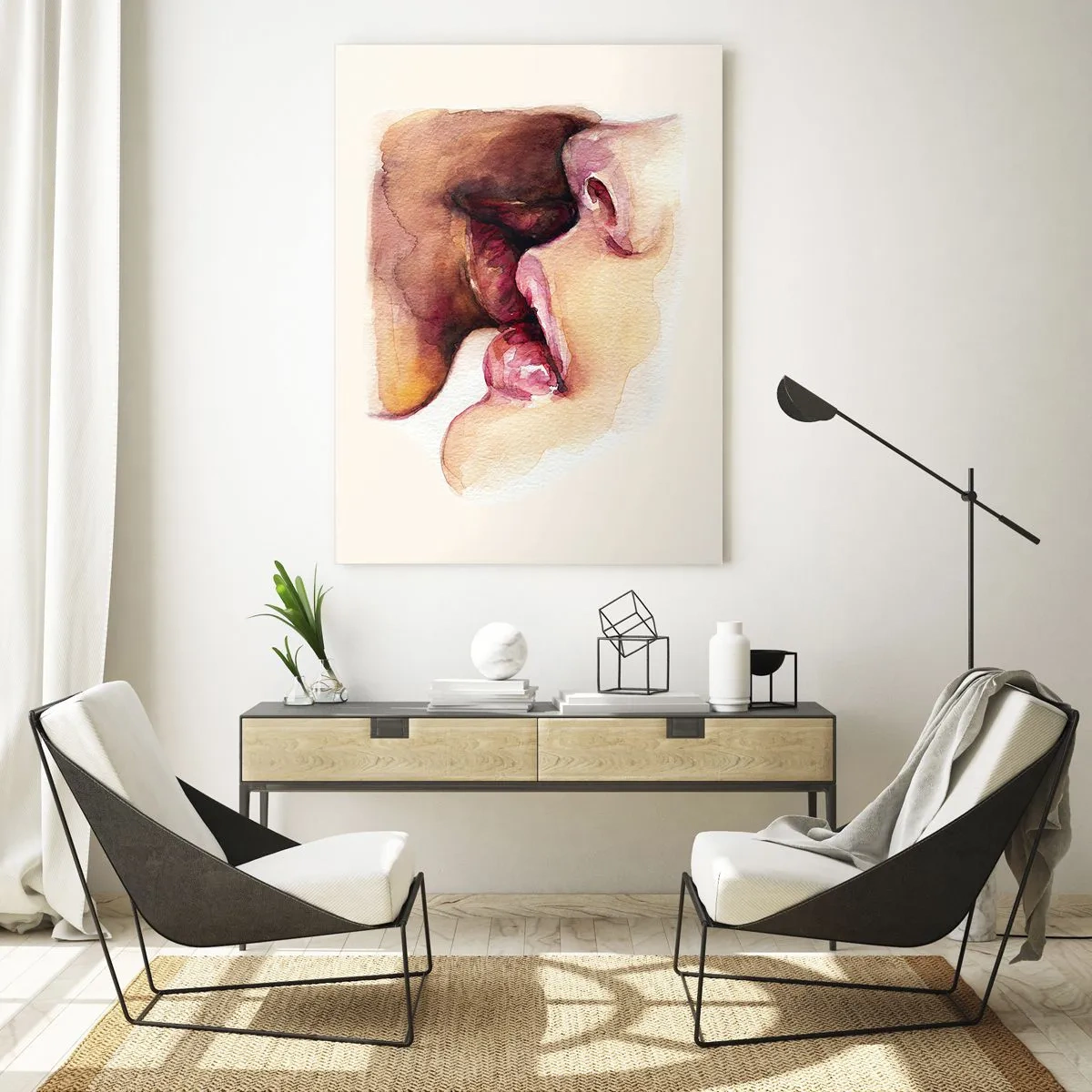 Quadro su vetro - Bacio artistico ad acquerello di due volti su uno sfondo chiaro - 50x70cm - Come notte e giorno, terra e cielo - Decorazione murale moderna per soggiorno e camera da letto ARTTOR