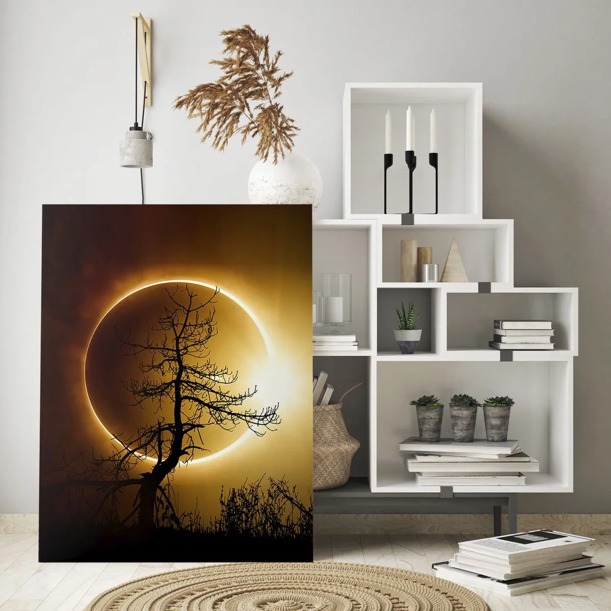 Quadro su vetro - Eclissi solare con la sagoma di un albero in primo piano - 80x120cm - Eclissi totale - Decorazione murale moderna per soggiorno e camera da letto ARTTOR