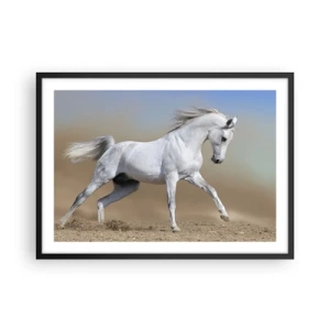 Poster in cornice nera - Un cavallo bianco che galoppa attraverso un paesaggio desertico - 70x50cm - La più bella favola araba - Decorazione murale moderna per soggiorno e camera da letto ARTTOR