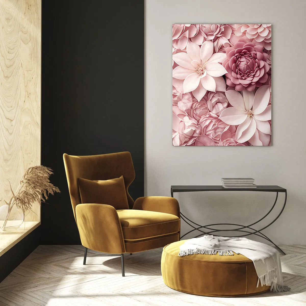 Quadro su vetro - Delicati fiori rosa in una composizione ricca di petali - 50x70cm - Nei petali di rosa - Decorazione murale moderna per soggiorno e camera da letto ARTTOR