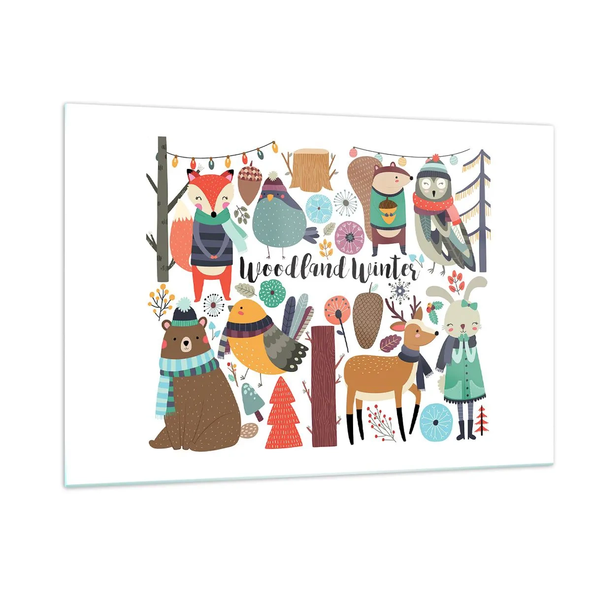 Quadro su vetro - Foresta invernale con simpatici animali nell'illustrazione - 120x80cm - Le feste incantate nel bosco - Decorazione murale moderna per soggiorno e camera da letto ARTTOR