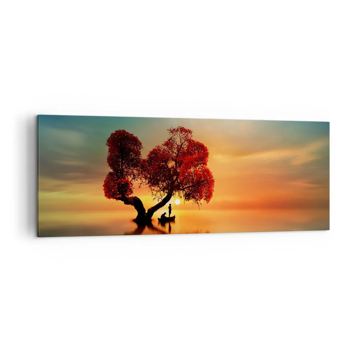 Quadro su tela - Stampe su Tela - Un albero dalle foglie rosse e una barca sull'acqua al tramonto - 140x50cm - Gli esiliati e il silenzio fuori dal mondo - Decorazione murale moderna per soggiorno e camera da letto ARTTOR