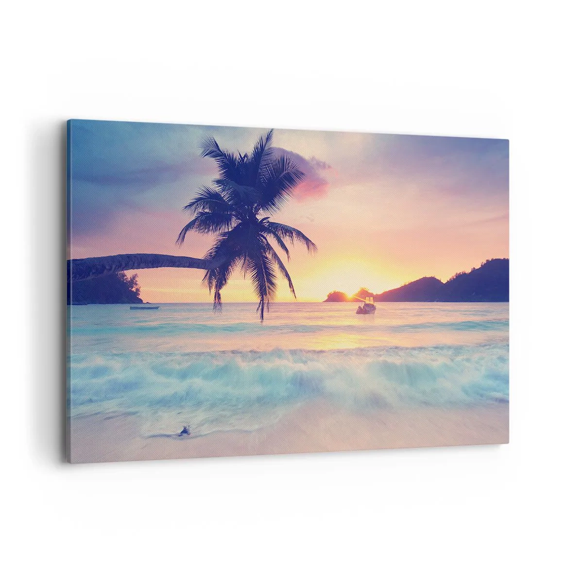 Quadro su tela - Stampe su Tela - Spiaggia con una palma e un tramonto sull'oceano - 120x80cm - Sera nell'insenatura - Decorazione murale moderna per soggiorno e camera da letto ARTTOR