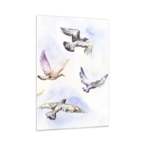 Quadro su vetro - Uccelli in volo contro un cielo limpido - 50x70cm - Libertà in grigio e blu - Decorazione murale moderna per soggiorno e camera da letto ARTTOR