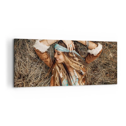 Quadro su tela - Stampe su Tela - Donna in stile boho sdraiata sul fieno - 120x50cm - Verso gli anni dell'amore - Decorazione murale moderna per soggiorno e camera da letto ARTTOR