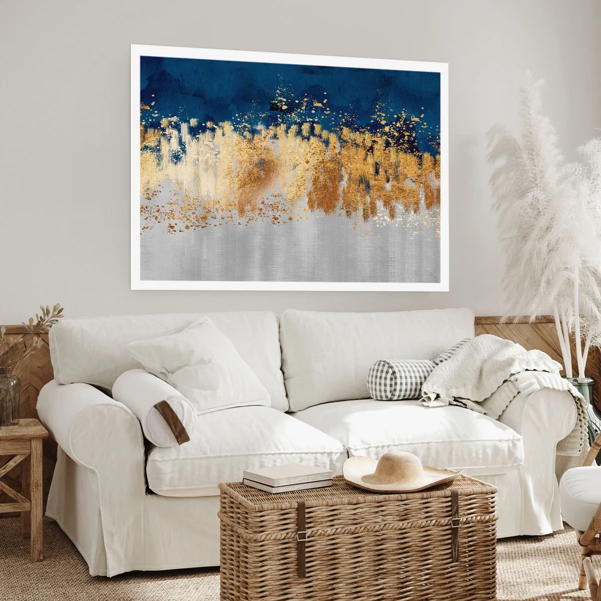 Poster - Una composizione astratta nei toni dell'oro e del blu navy. - 100x70cm - Composizione moderna con bagliore - Decorazione murale moderna per soggiorno e camera da letto ARTTOR