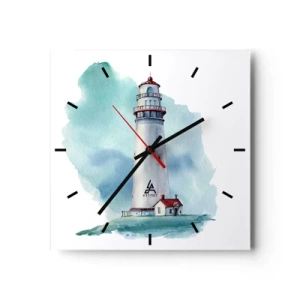 Orologio da parete - Orologio in Vetro - Un faro su uno sfondo blu acquerello - 30x30cm - Il mite amico del blu - Decorazione murale moderna per soggiorno e camera da letto ARTTOR