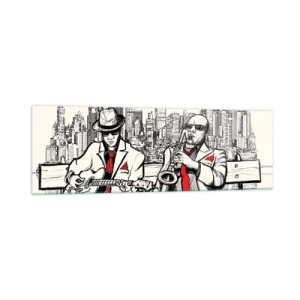 Quadro su vetro - Un duo jazz con sassofono e chitarra sullo sfondo della città - 160x50cm - Improvvisare a New York - Decorazione murale moderna per soggiorno e camera da letto ARTTOR