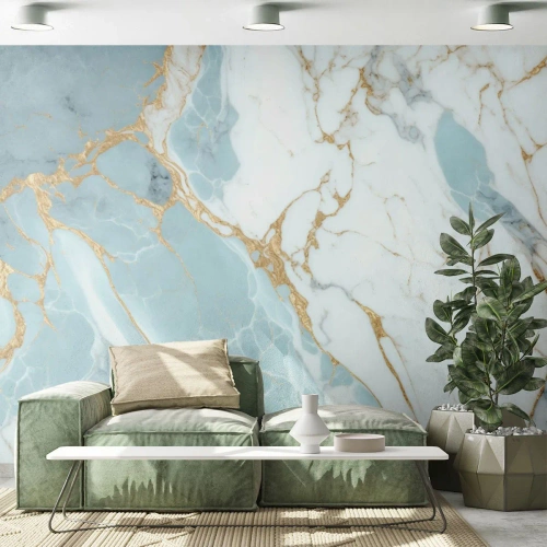 Fotomurali Premium Sand - Motivo marmorizzato in blu e bianco con accenti dorati - 100x70cm - La ricchezza della pietra - Decorazione murale moderna per soggiorno e camera da letto ARTTOR