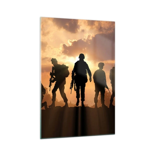 Quadro su vetro - Soldati sullo sfondo del sole al tramonto in un ambiente dinamico - 70x100cm - Brothers in arms - Decorazione murale moderna per soggiorno e camera da letto ARTTOR