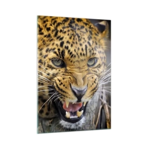 Quadro su vetro - Primo piano di un leopardo aggressivo con dettagli nitidi - 50x70cm - Non avvicinarti, ti avverto! - Decorazione murale moderna per soggiorno e camera da letto ARTTOR