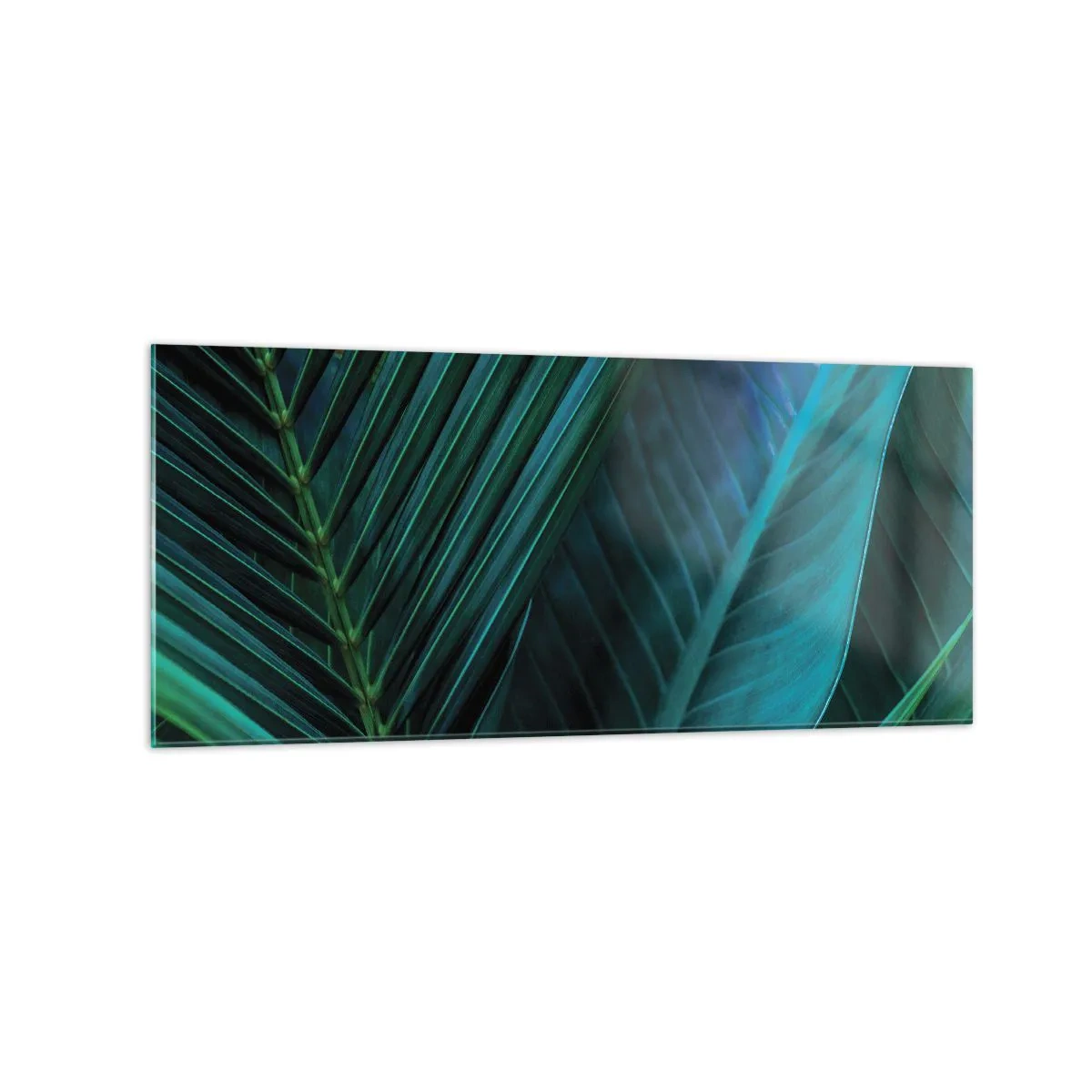 Quadro su vetro - Primo piano delle foglie verdi tropicali - 120x50cm - Anatomia del verde - Decorazione murale moderna per soggiorno e camera da letto ARTTOR