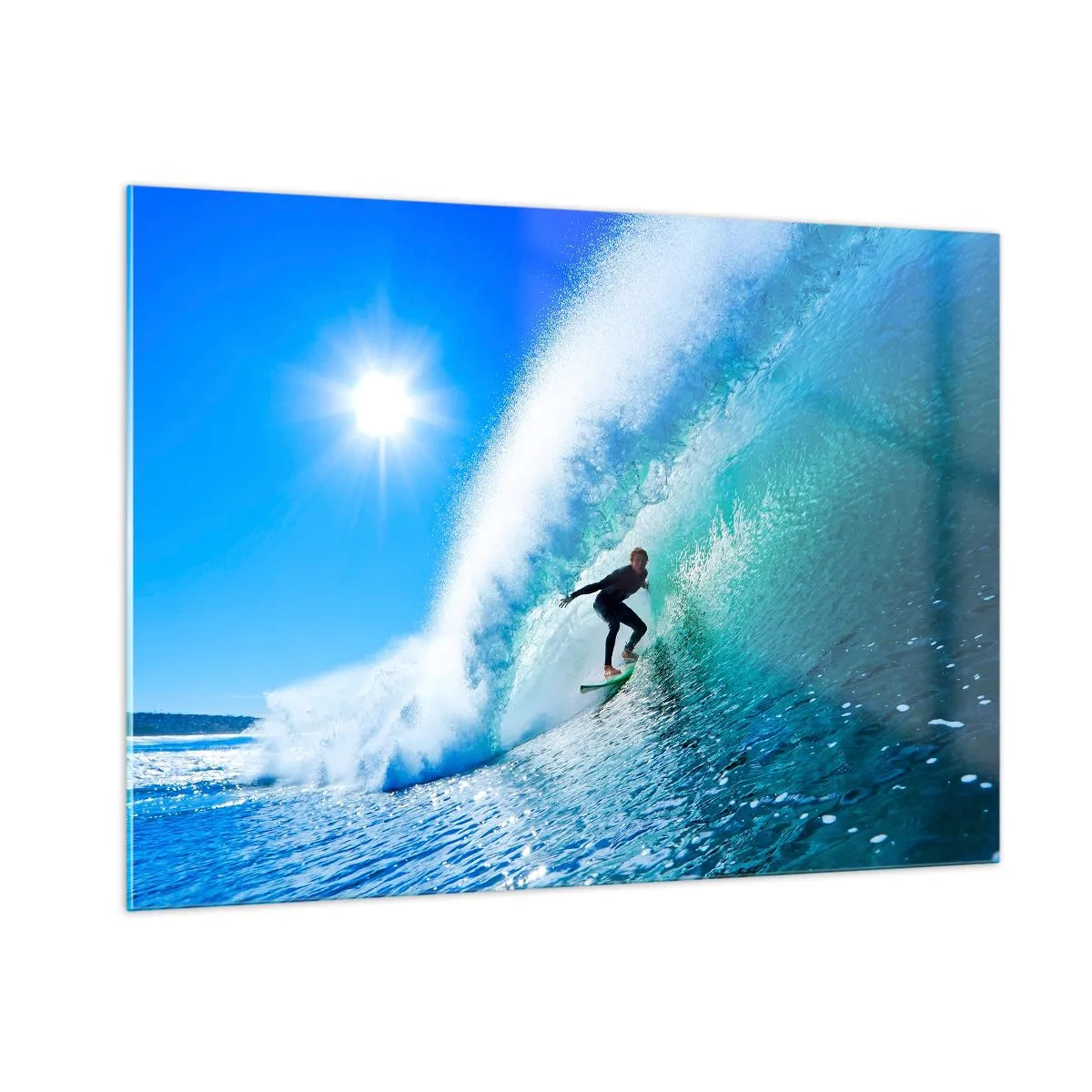 Quadro su vetro - Surfista su un'onda in una giornata di sole - 100x70cm - Attraverso il grande blu - Decorazione murale moderna per soggiorno e camera da letto ARTTOR