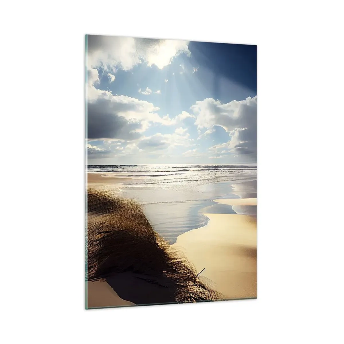 Quadro su vetro - Una spiaggia selvaggia illuminata dai raggi del sole che filtrano da sotto le nuvole - 50x70cm - Spiaggia incontaminata - Decorazione murale moderna per soggiorno e camera da letto ARTTOR