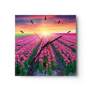 Orologio da parete - Orologio in Vetro - Un campo di tulipani al tramonto - 30x30cm - La fattoria della bellezza - Decorazione murale moderna per soggiorno e camera da letto ARTTOR