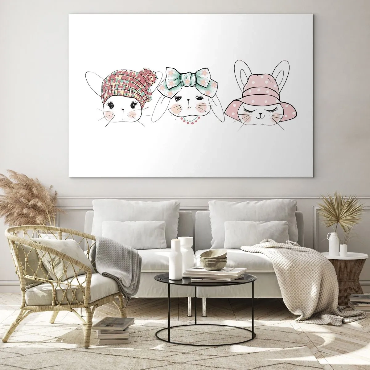 Quadro su vetro - Coniglietti carini con cappelli e fiocchi - 70x50cm - Pensierosa, triste, contenta - Decorazione murale moderna per soggiorno e camera da letto ARTTOR