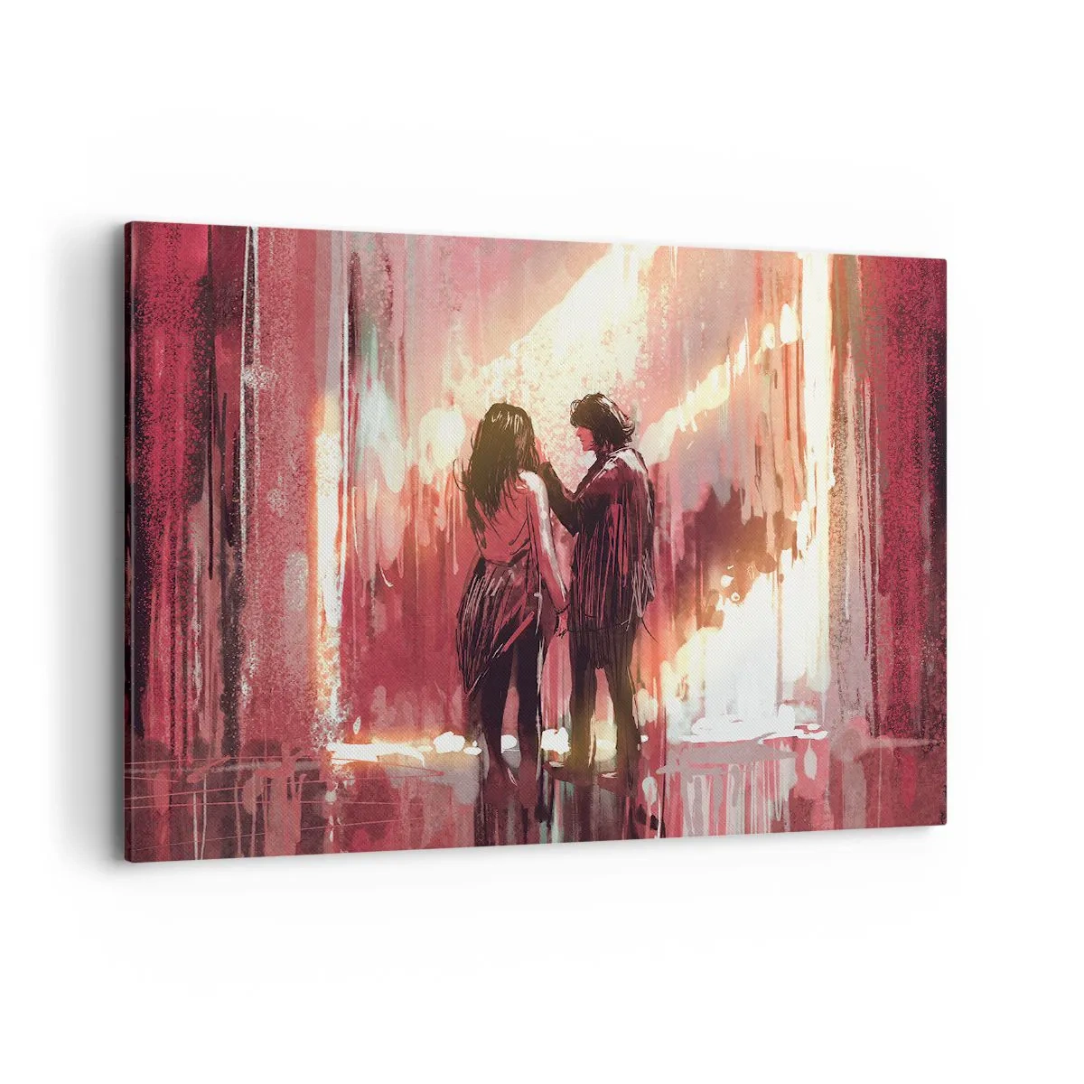 Quadro su tela - Stampe su Tela - Una coppia in piedi, illuminata da una luce calda, su uno sfondo di motivi astratti. - 120x80cm - L'eterno spettacolo dell'amore - Decorazione murale moderna per soggiorno e camera da letto ARTTOR