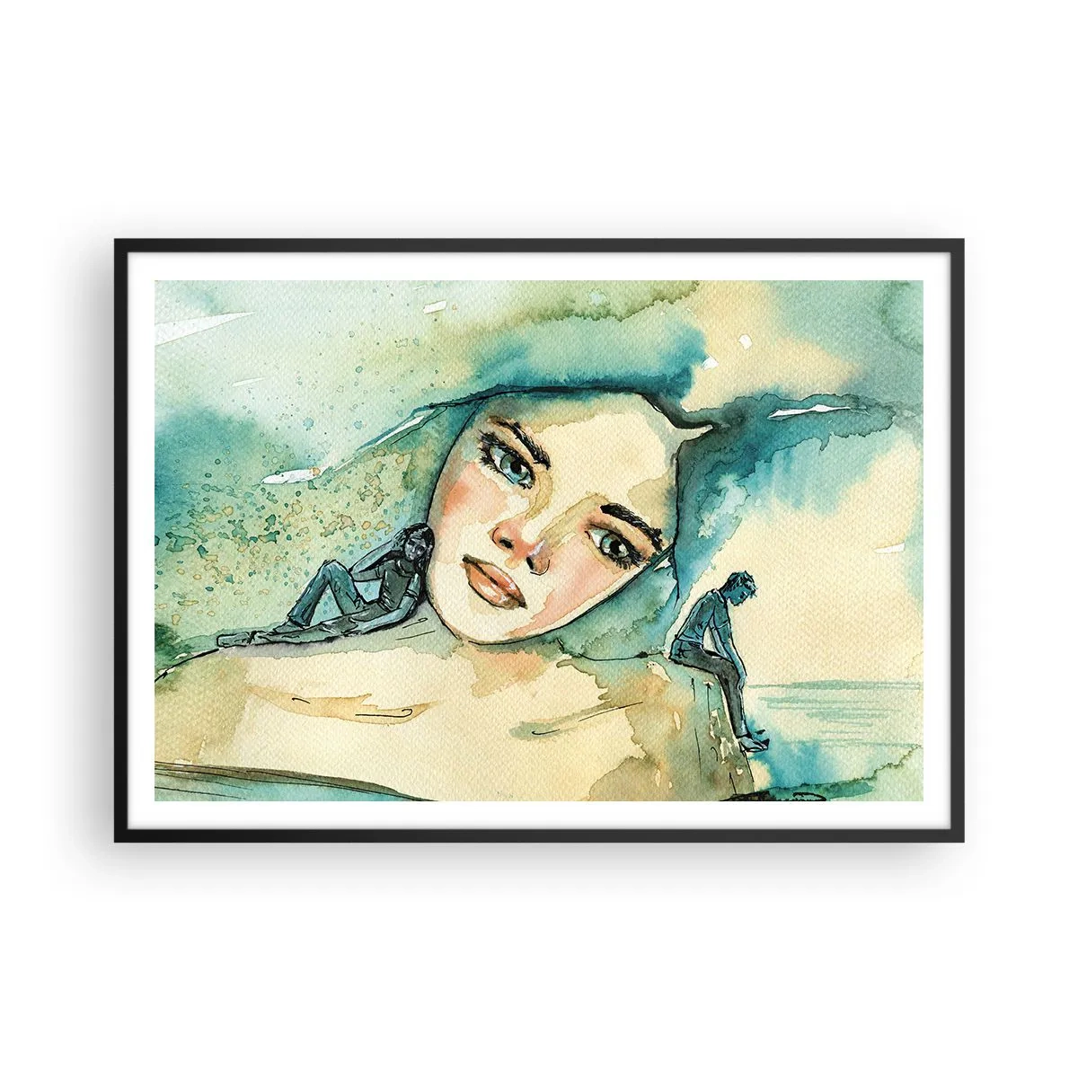 Poster in cornice nera - Acquerello del volto di una donna con motivo riflettente - 100x70cm - Am I blue? - Decorazione murale moderna per soggiorno e camera da letto ARTTOR