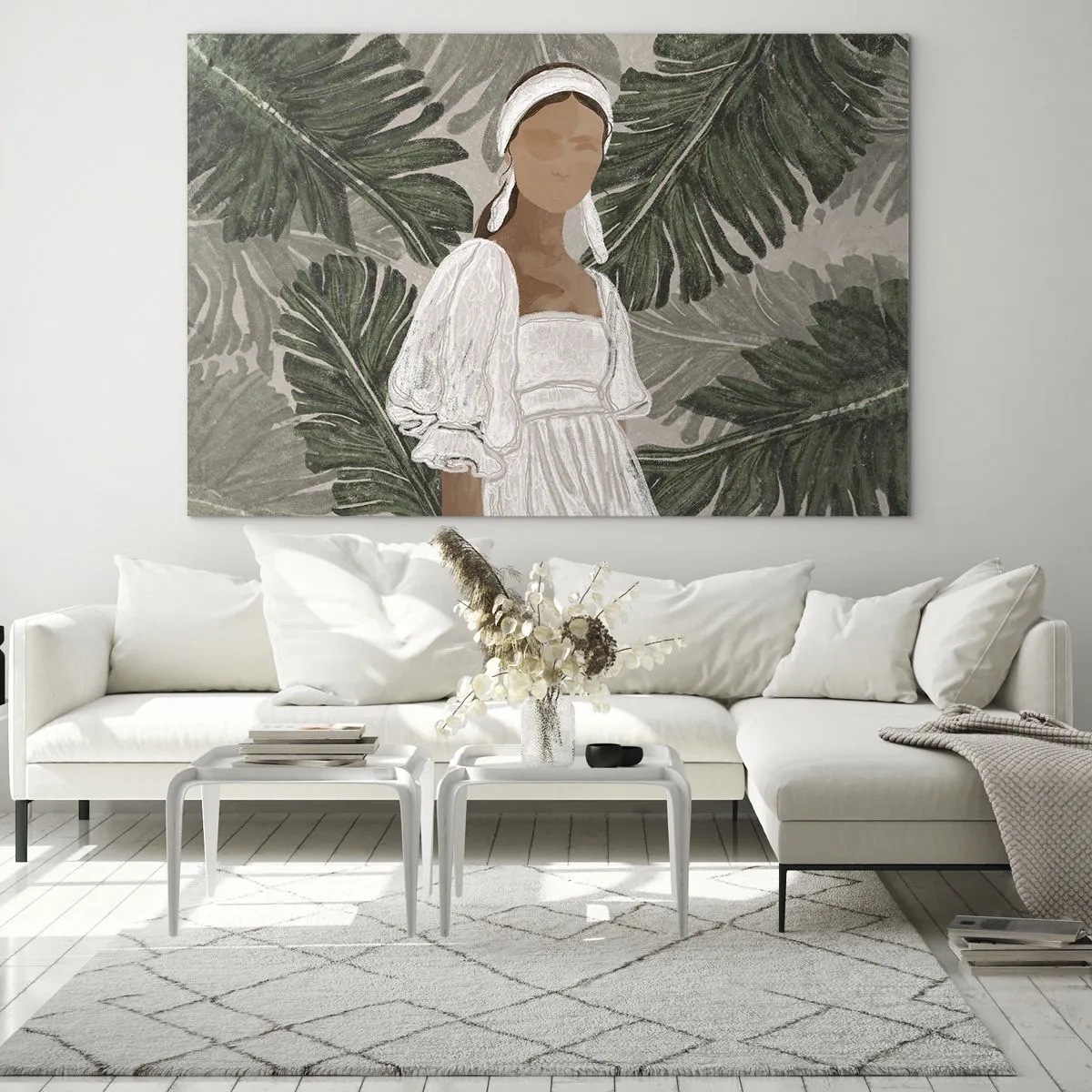 Quadro su vetro - Una donna con un abito bianco su uno sfondo di foglie tropicali verdi. - 70x50cm - Ritratto esotico - Decorazione murale moderna per soggiorno e camera da letto ARTTOR