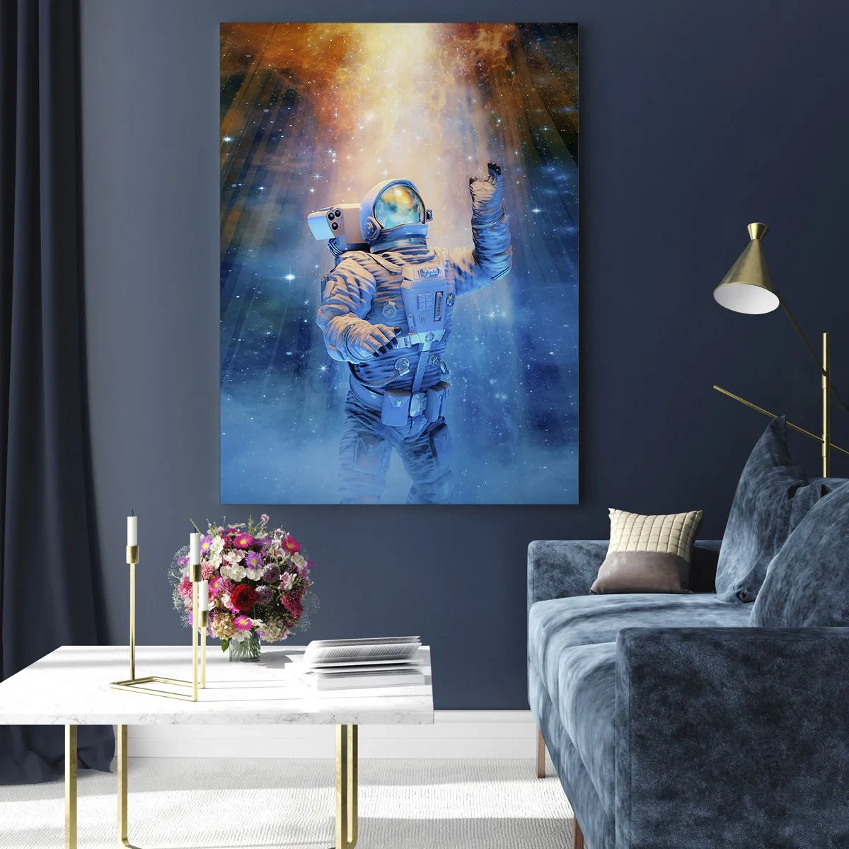 Quadro su vetro - Astronauta alla luce di un'esplosione cosmica piena di stelle - 80x120cm - Finalmente alla meta - Decorazione murale moderna per soggiorno e camera da letto ARTTOR