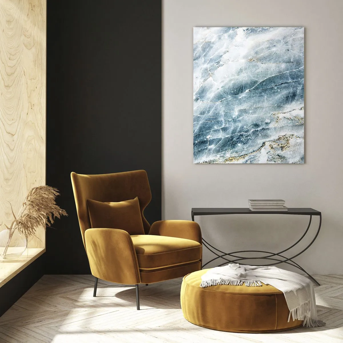 Quadro su vetro - Texture astratta di marmo ghiacciato nelle tonalità del blu e del bianco - 50x70cm - Mondo di ghiaccio - Decorazione murale moderna per soggiorno e camera da letto ARTTOR