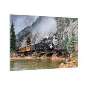 Quadro su vetro - Una locomotiva a vapore su un ponte in montagna - 100x70cm - Dove andiamo? - Decorazione murale moderna per soggiorno e camera da letto ARTTOR