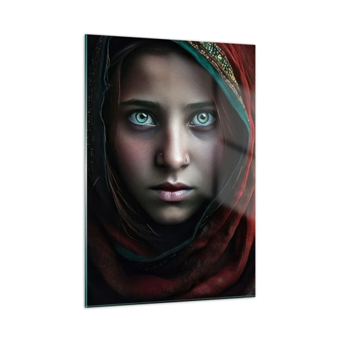 Quadro su vetro - Ritratto di una donna con una sciarpa rossa su uno sfondo scuro - 50x70cm - Principessa d'oriente - Decorazione murale moderna per soggiorno e camera da letto ARTTOR