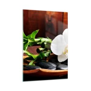 Quadro su vetro - Orchidea bianca su pietre nere e bambù in una ciotola di legno - 50x70cm - Lasciati toccare dalla natura - Decorazione murale moderna per soggiorno e camera da letto ARTTOR
