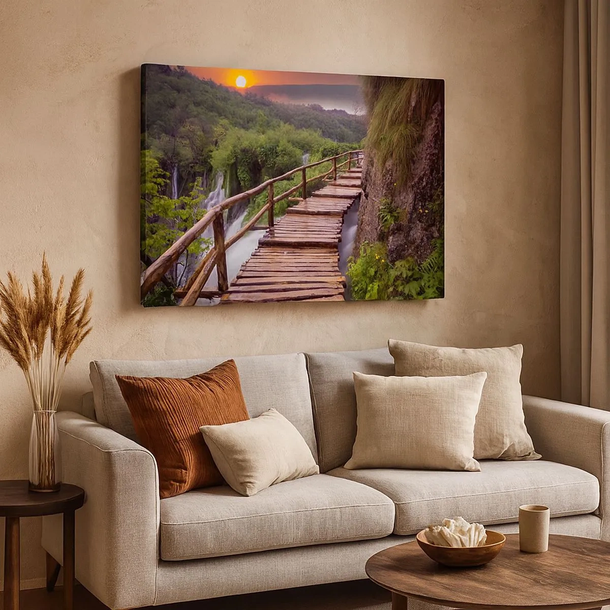 Quadro su tela - Stampe su Tela - Un ponte che domina le cascate al tramonto - 70x50cm - Una bellezza incredibile - Decorazione murale moderna per soggiorno e camera da letto ARTTOR