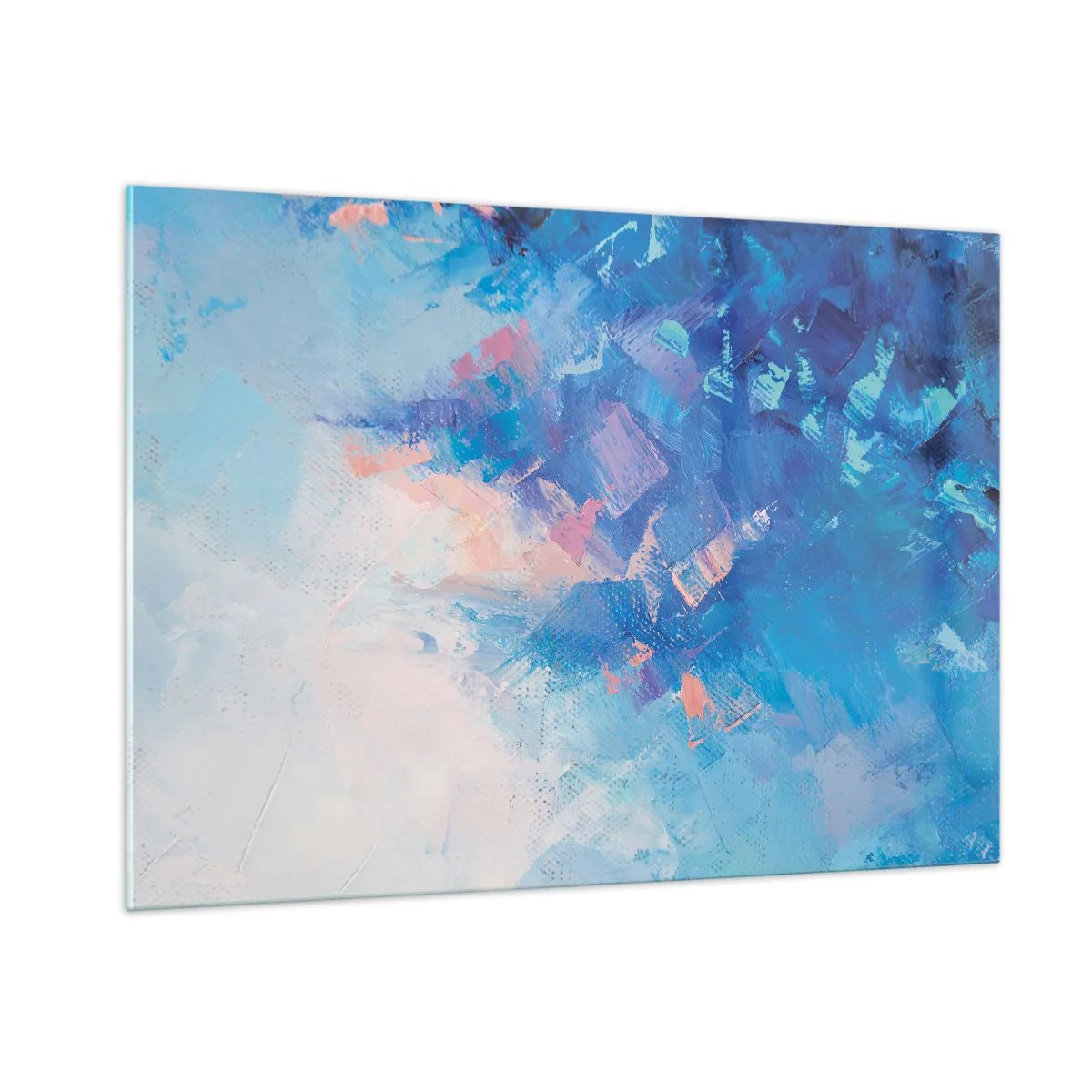 Quadro su vetro - Paesaggio invernale astratto con tonalità blu fredde e tenui sfumature rosa - 100x70cm - Astrazione invernale - Decorazione murale moderna per soggiorno e camera da letto ARTTOR