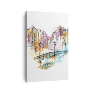 Quadro su tela - Stampe su Tela - Acquerello di un ponte e case popolari a forma di cuore - 80x120cm - Il cuore della città - Decorazione murale moderna per soggiorno e camera da letto ARTTOR
