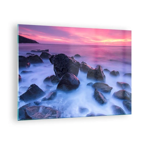 Quadro su vetro - Onde che si infrangono sugli scogli al tramonto - 70x50cm - Nascita nella luce e nella nebbia - Decorazione murale moderna per soggiorno e camera da letto ARTTOR