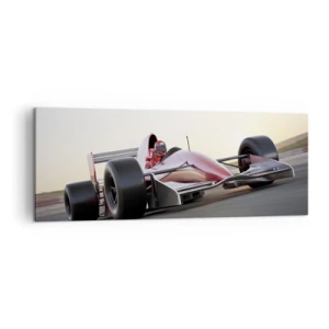 Quadro su tela - Stampe su Tela - Una macchina rossa di Formula 1 su una pista da corsa mentre guida - 140x50cm - Sempre vincente - Decorazione murale moderna per soggiorno e camera da letto ARTTOR