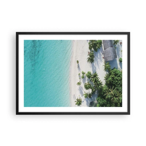 Poster in cornice nera - Una vista a volo d'uccello di una spiaggia tropicale con acqua turchese e palme - 70x50cm - Vacanze in paradiso - Decorazione murale moderna per soggiorno e camera da letto ARTTOR