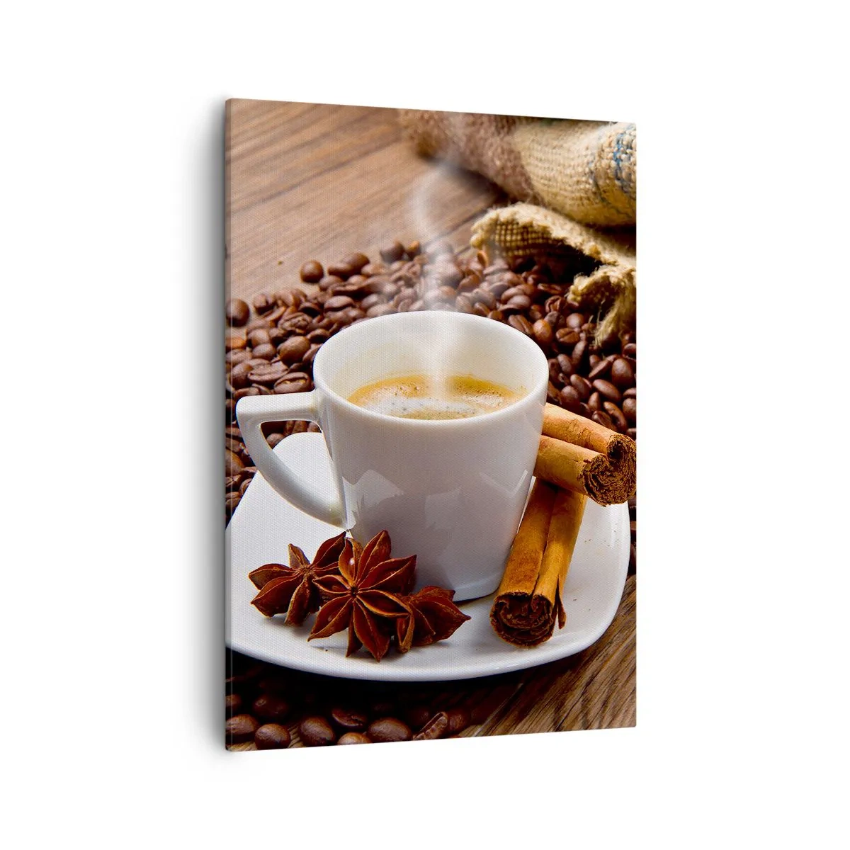 Quadro su tela - Stampe su Tela - Una tazza di caffè con cannella e anice su uno sfondo di chicchi di caffè - 50x70cm - Sapore e profumo speziato - Decorazione murale moderna per soggiorno e camera da letto ARTTOR