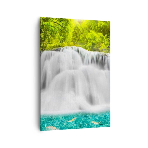 Quadro su tela - Stampe su Tela - Una cascata in una foresta tropicale con acqua turchese - 70x100cm - Cascata spumeggiante dal verde all'azzurro - Decorazione murale moderna per soggiorno e camera da letto ARTTOR