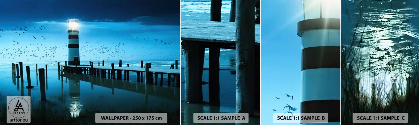 Campione Di Fotomurale Standard Eco - E passa la paura del buio - Paesaggio, Faro, Ponte di Legno - 100x30 cm