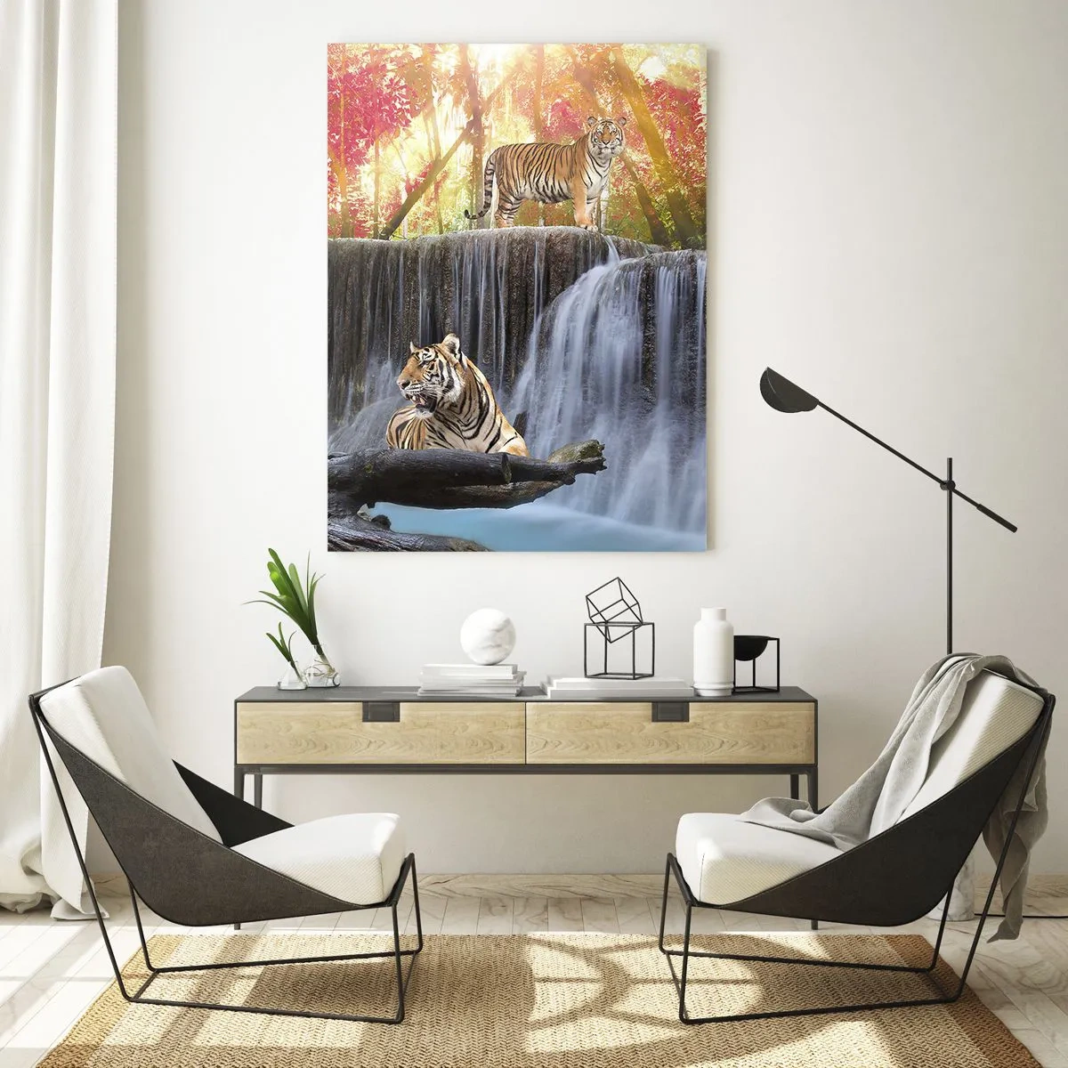 Quadro su vetro - Tigri contro una cascata e uno scenario autunnale - 50x70cm - Paesaggio surreale - Decorazione murale moderna per soggiorno e camera da letto ARTTOR