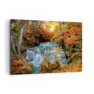 Quadro su tela - Stampe su Tela - Cascata autunnale circondata da alberi colorati alla luce del sole - 100x70cm - Il tesoro nascosto nel bosco - Decorazione murale moderna per soggiorno e camera da letto ARTTOR