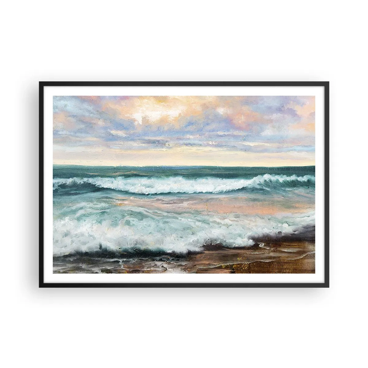 Poster in cornice nera - Onde del mare contro un cielo nuvoloso al tramonto - 100x70cm - Dove l'anima si calma - Decorazione murale moderna per soggiorno e camera da letto ARTTOR