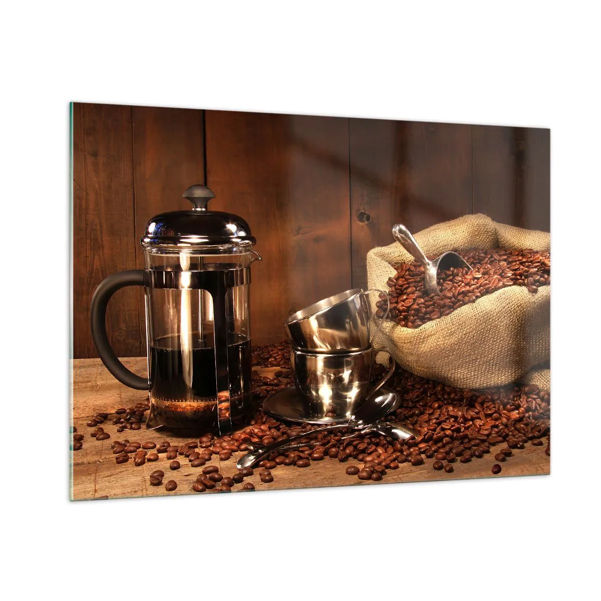 Quadro su vetro - Macchina per il caffè, tazze e un sacchetto di chicchi di caffè - 100x70cm - Magia del caffè: aroma e sapore - Decorazione murale moderna per soggiorno e camera da letto ARTTOR