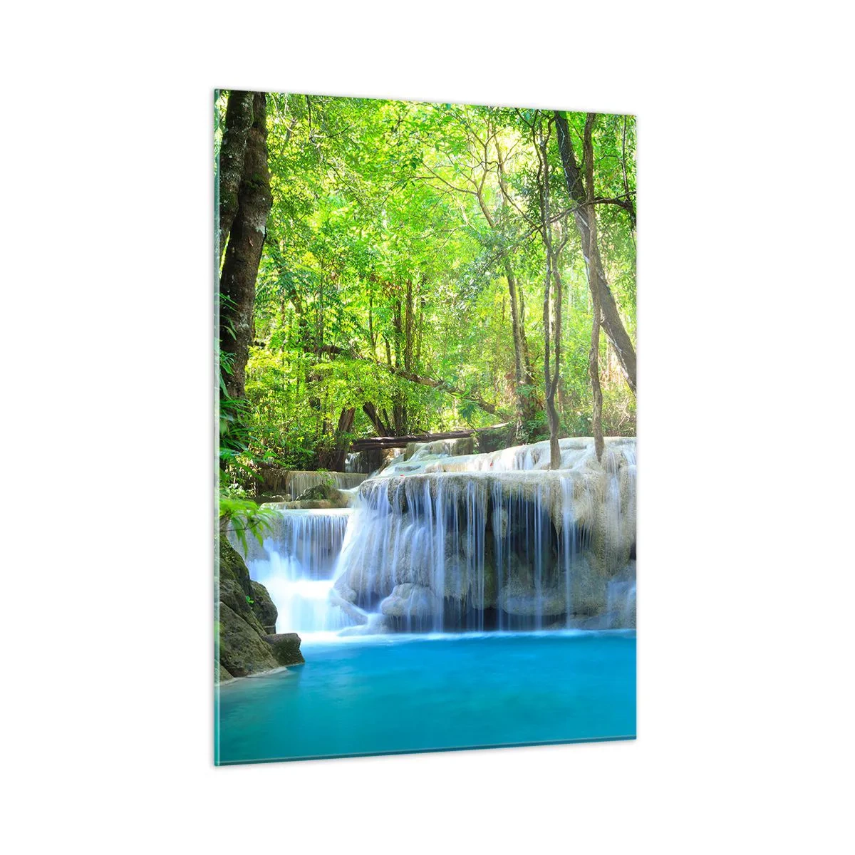 Quadro su vetro - Una cascata circondata da alberi verdi e acqua blu - 50x70cm - Annegare nel turchese e nel verde - Decorazione murale moderna per soggiorno e camera da letto ARTTOR